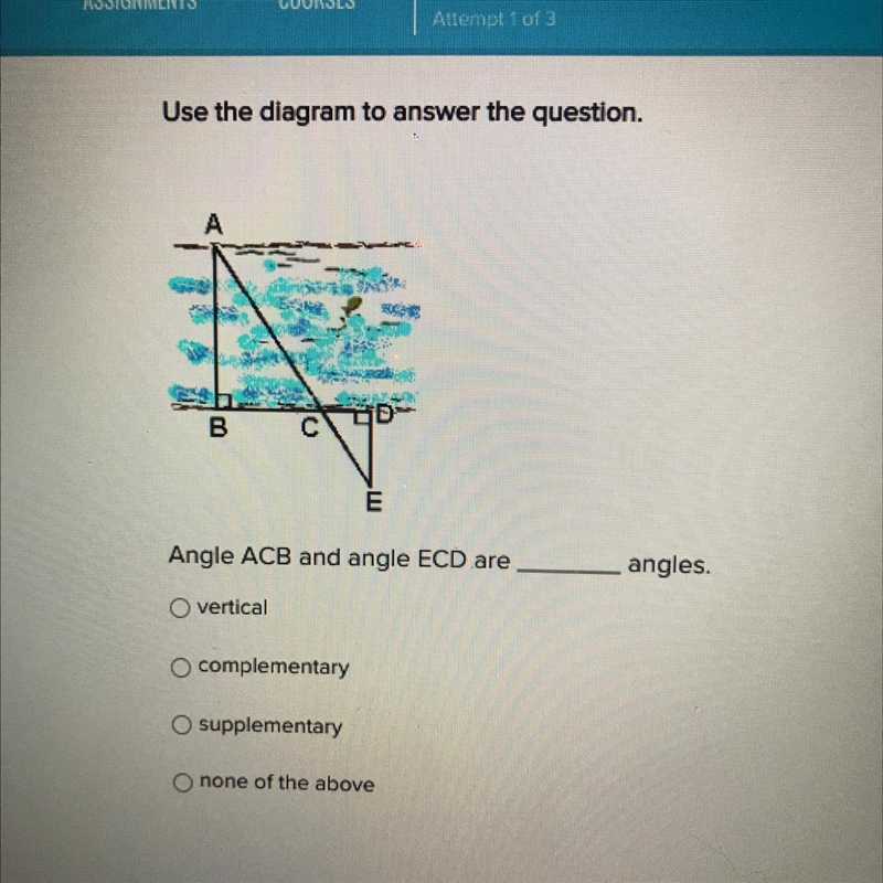 Angle ACB and angle ECD are angles. vertical complementary supplementary none of the-example-1