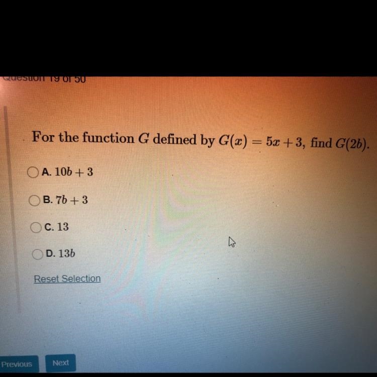 For the function G defined by G(x) = 5x + 3, find G(2)-example-1