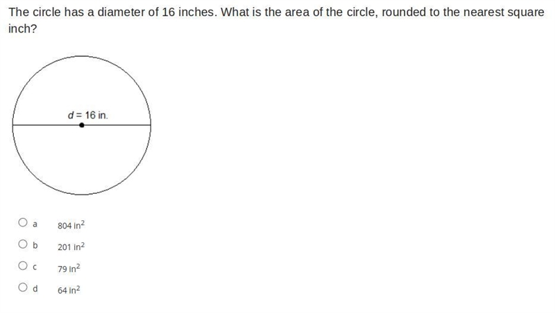 The circle has a diameter of 16 inches. What is the area of the circle, rounded to-example-1