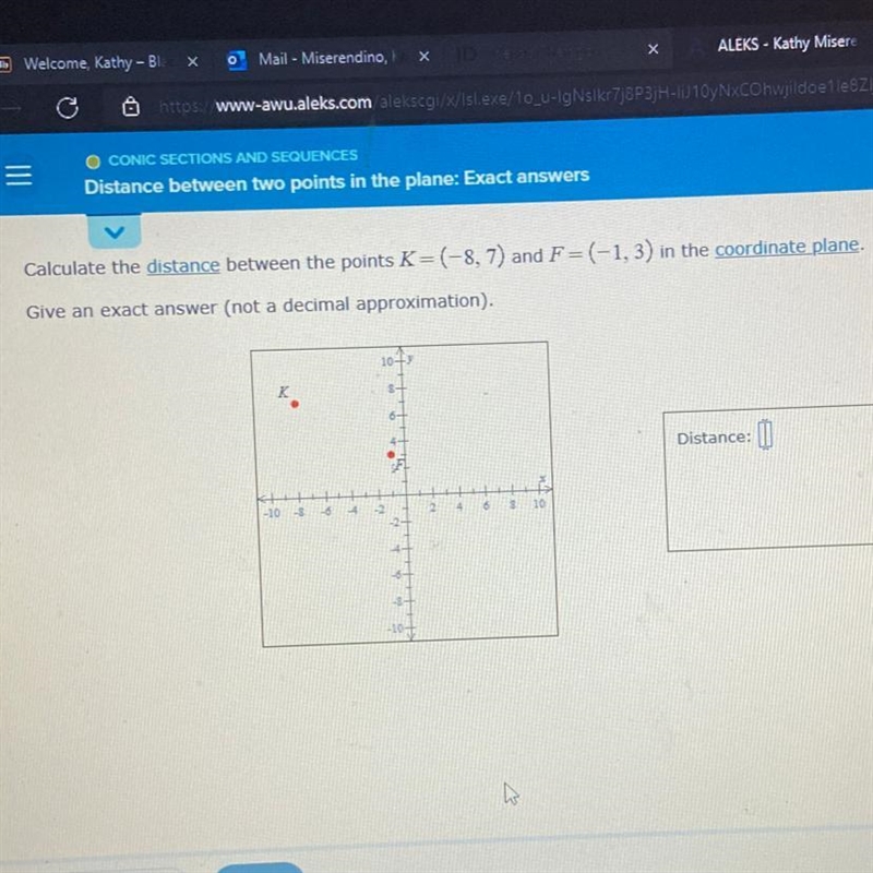 Calculate the distance between the points K=(-8, 7) and F=(-1, 3) in the coordinate-example-1