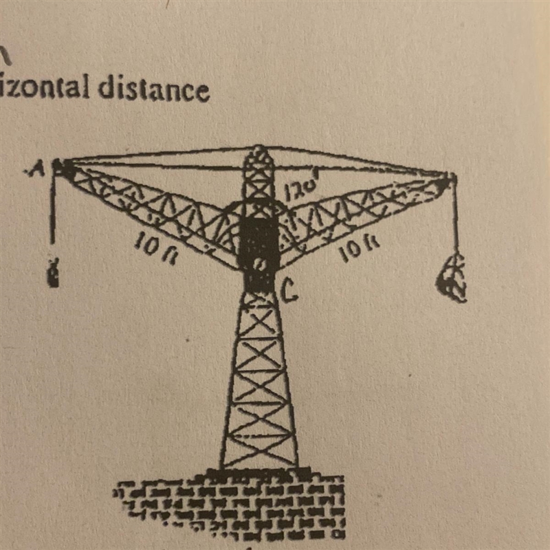 A grande with a counter weight is shown in the figure. Find the horizontal distance-example-1