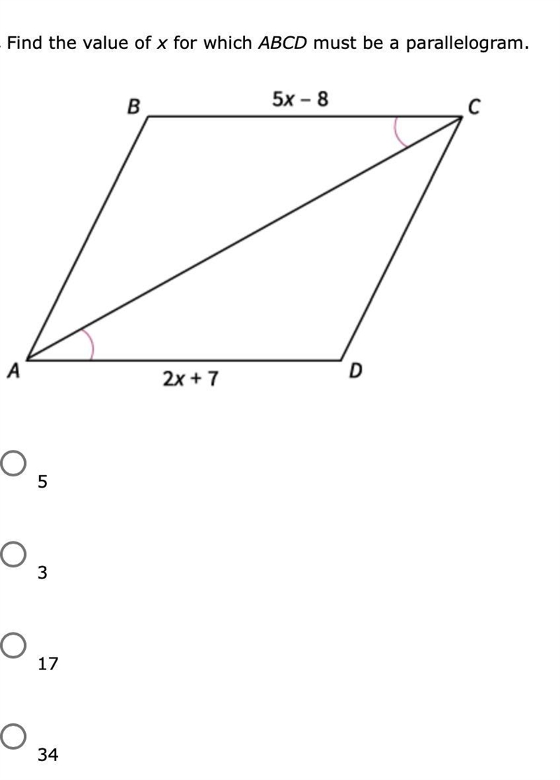 Please help! Find the value of x for which ABCD must be a parallelogram.-example-1