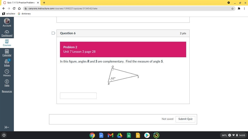 In this figure, angles R and S are complementary. Find the measure of angle S.-example-1