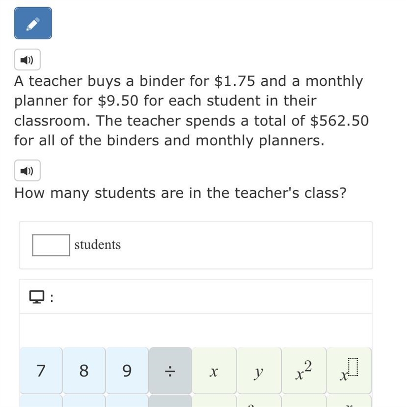 A teacher buys a binder for $1.75 and a monthly planner for $9.50 for each student-example-1