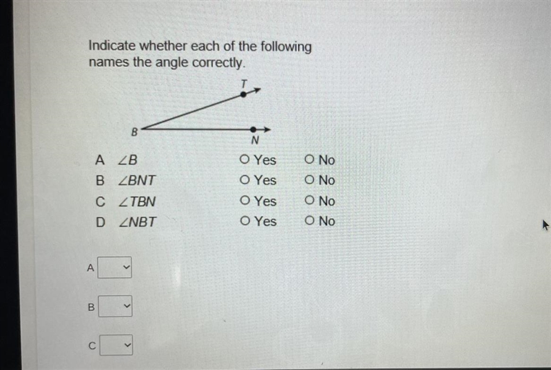 Indicate whether each of the following names the angle correctly!-example-1