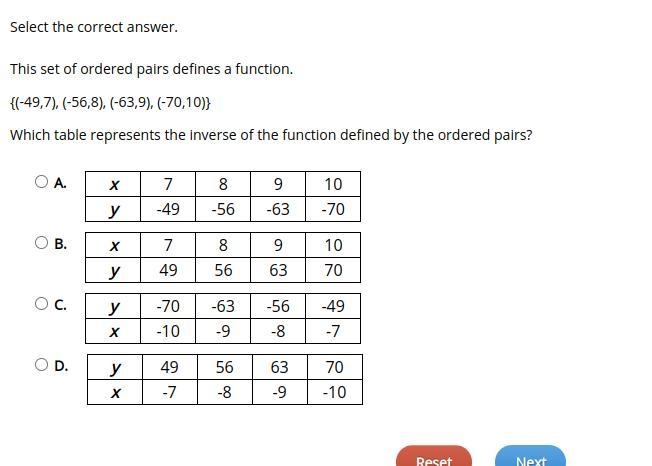 This set of ordered pairs defines a function. {(-49,7), (-56,8), (-63,9), (-70,10)} Which-example-1