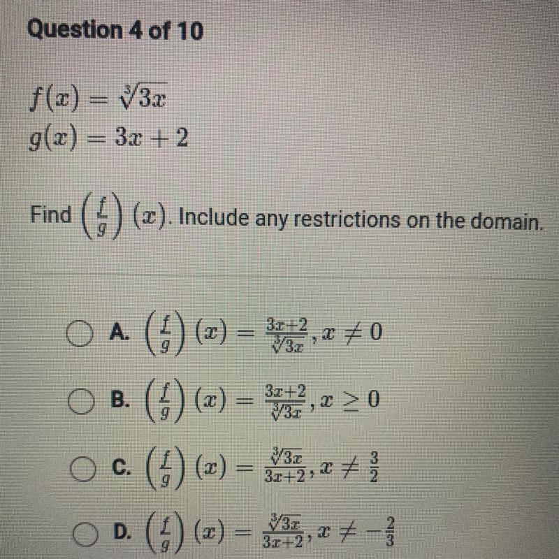 F(x) = 732 g(x) = 3x + 2 Find (1) (a). Include any restrictions on the domain. , 3 &gt-example-1