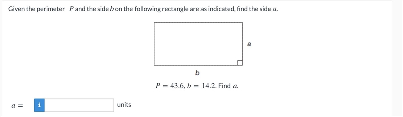 Given the perimeter P and the side B on the following rectangle are as indicated, find-example-1