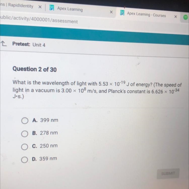 What is the wavelength of light with 5.53 x 10-19 J of energy? (The speed of light-example-1