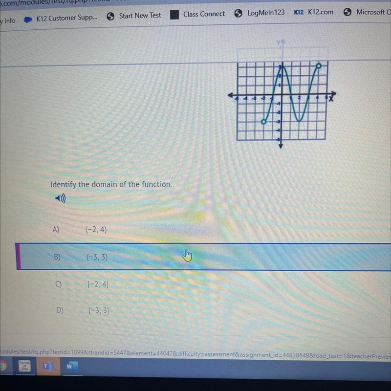 1x Identify the domain of the function. A) (-2,4) B) (-3,3) [-2.4)-example-1