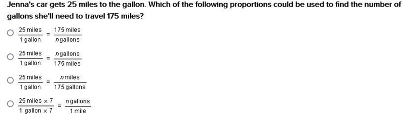 HELP FAST 50 POINTS! Jenna's car gets 25 miles to the gallon. Which of the following-example-1