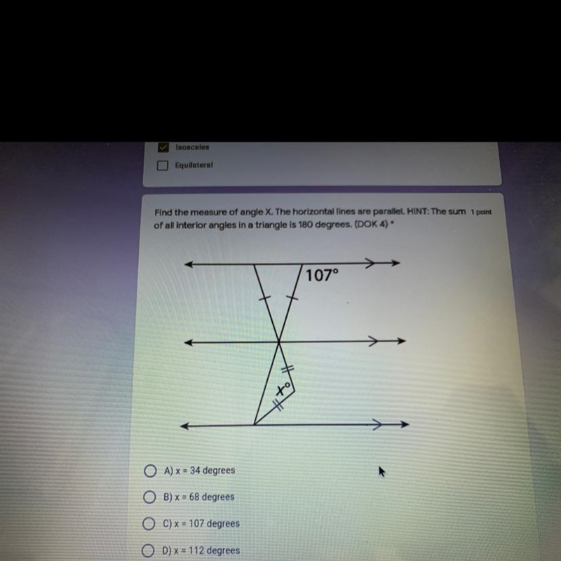 Find the measure of angle X. The horizontal lines are parallel. HINT: The sum of all-example-1