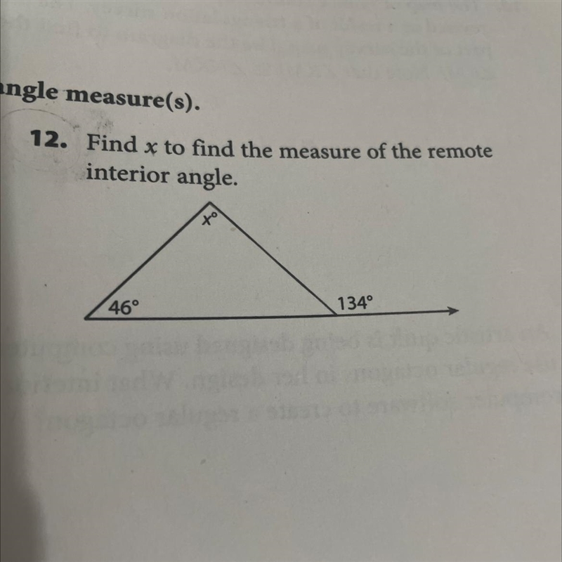 Find x to find the measure of the remote interior angle-example-1