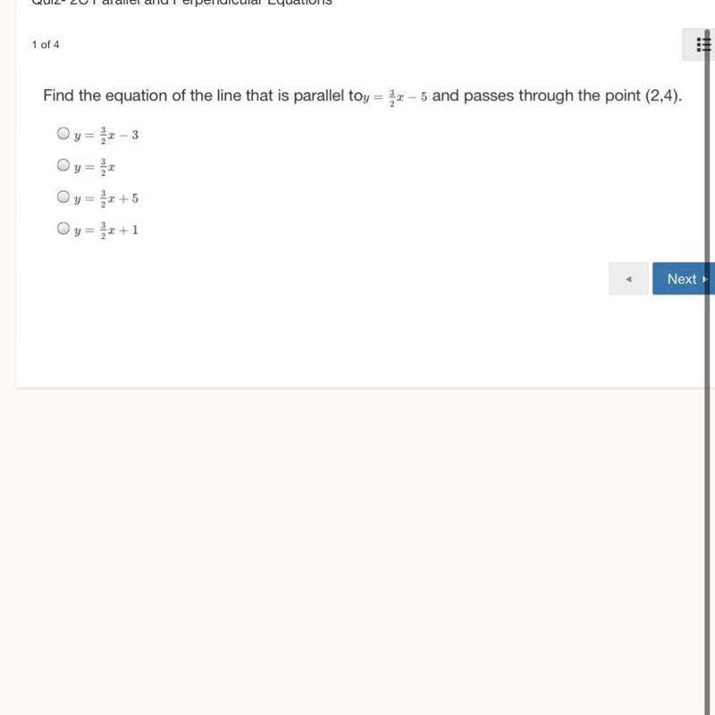 Find the equation of the line that is parallel toy=32x−5 y = 3 2 x − 5 and passes-example-1