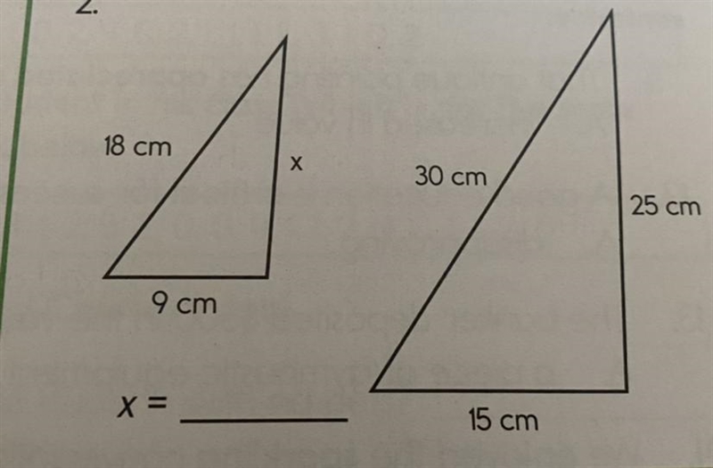 Find the length represented by x for each pair of similar triangles. 18cm, 9cm, and-example-1