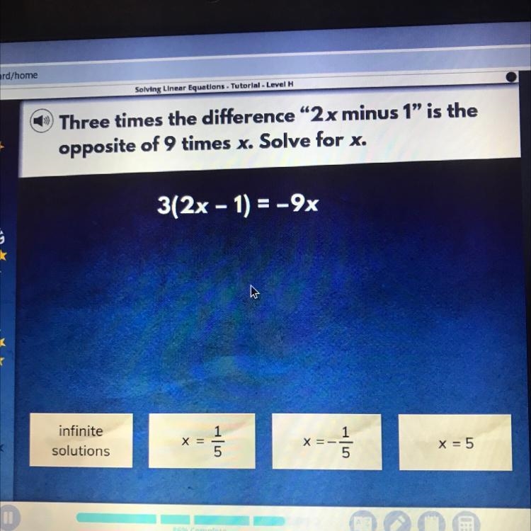 Three times the difference “2x minus 1” is the opposite of 9 times x. Solve for x-example-1