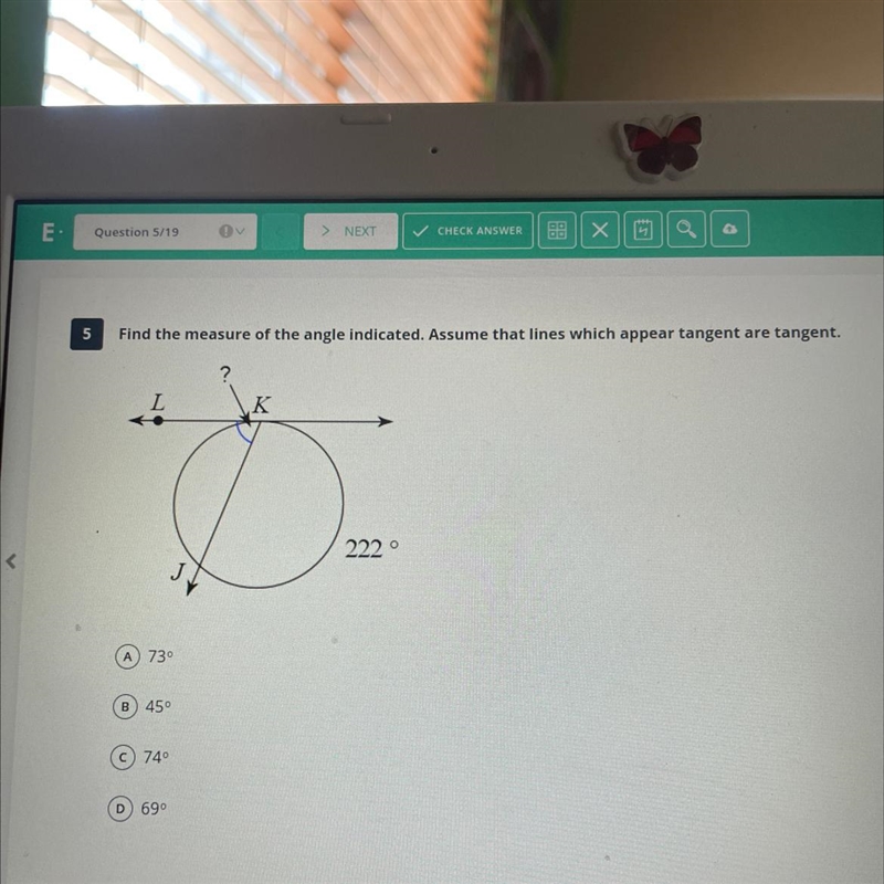 Find the measure of the angle indicated. Assume that lines which appear tangent are-example-1