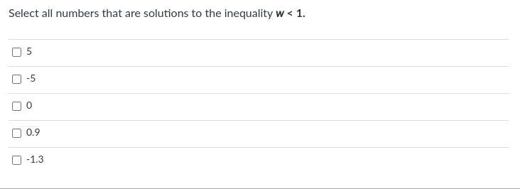 Select all numbers that are solutions to the inequality w < 1.-example-1