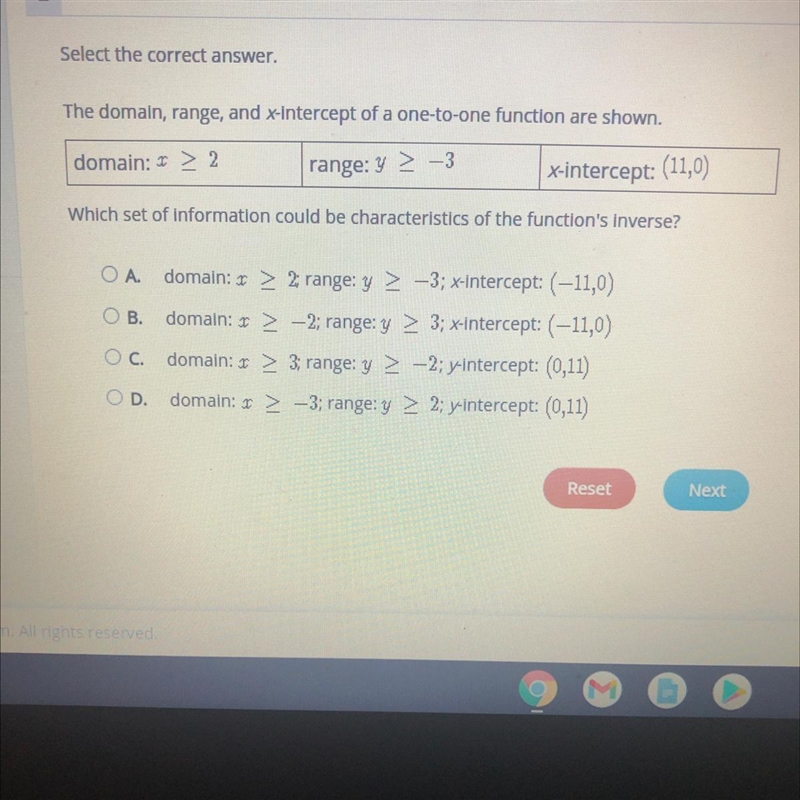 The domain, range, and x-intercept of a one-to-one function are shown. domain: 1 &gt-example-1