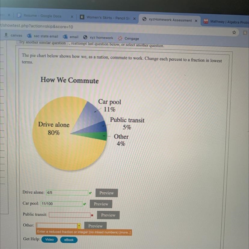 The pie chart below shows how we, as a nation, commute to work. Change each percent-example-1