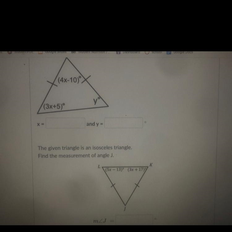 1. Find the measurement of angle J. 2. (5x - 13) (3x + 17)-example-1