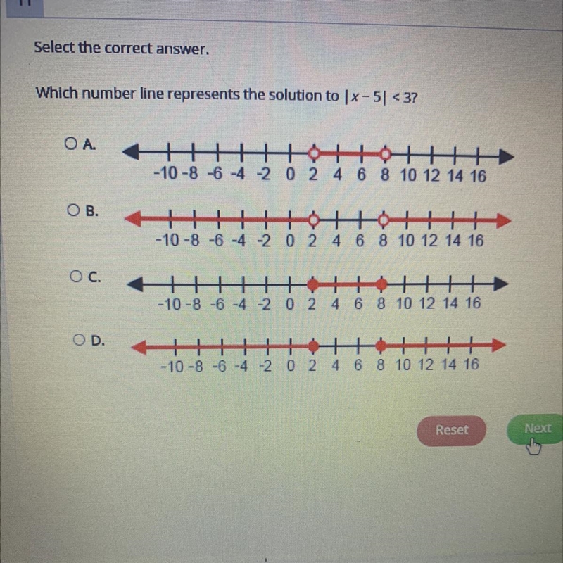 PLEASE HELP which number line represents the solution to |x-5|< 3 ?-example-1