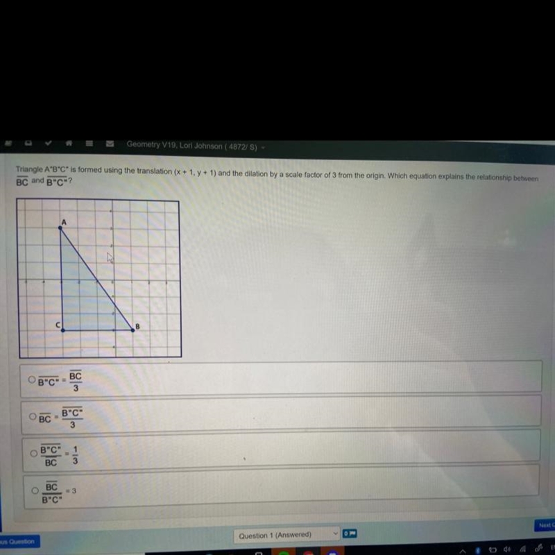 Triangle A”B”C is formed using the translation (x+1,y+1) and the dilation by a scale-example-1