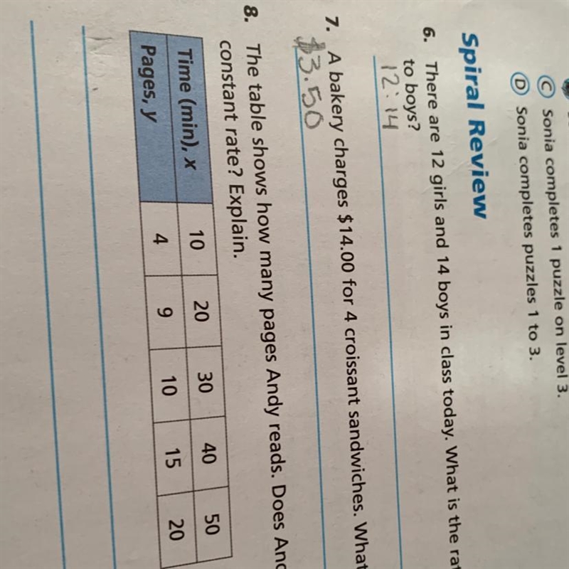 - The table shows how many pages Andy reads. Does Andy read at a constant rate? Explain-example-1