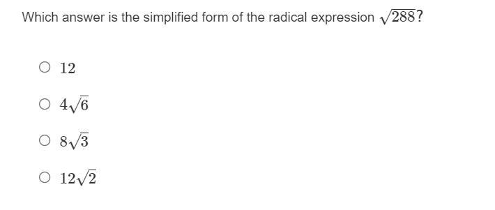 Which answer is the simplified form of the radical expression √(288) ?-example-1