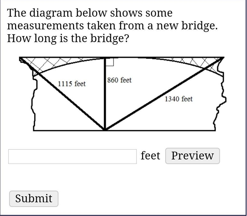 The diagram below shows some measurements taken from a new bridge. How long is the-example-1