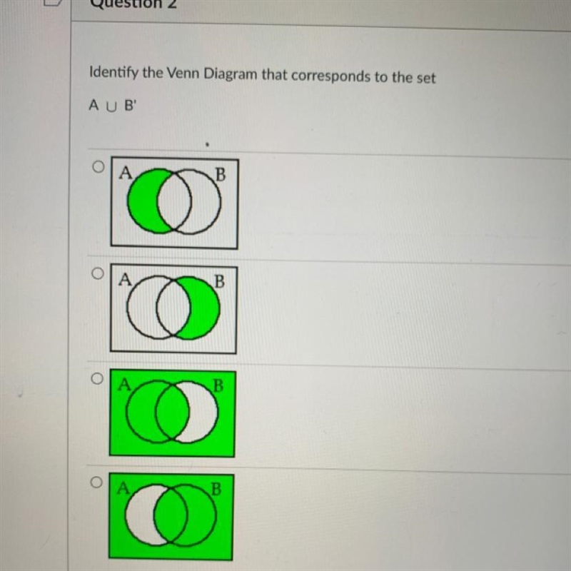 ASAP please! Identify the Venn Diagram that corresponds to the set A U B'-example-1