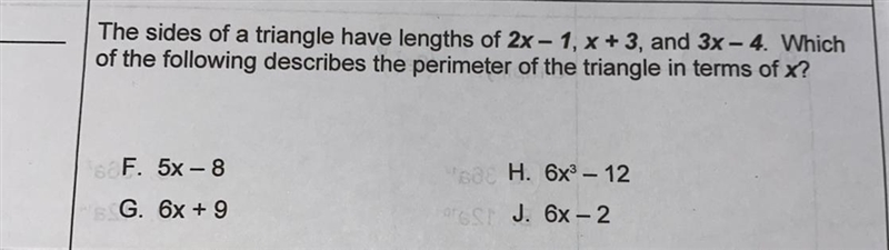 The sides of a triangle have lengths of 2x – 1, x + 3, and 3x – 4. Which of the following-example-1