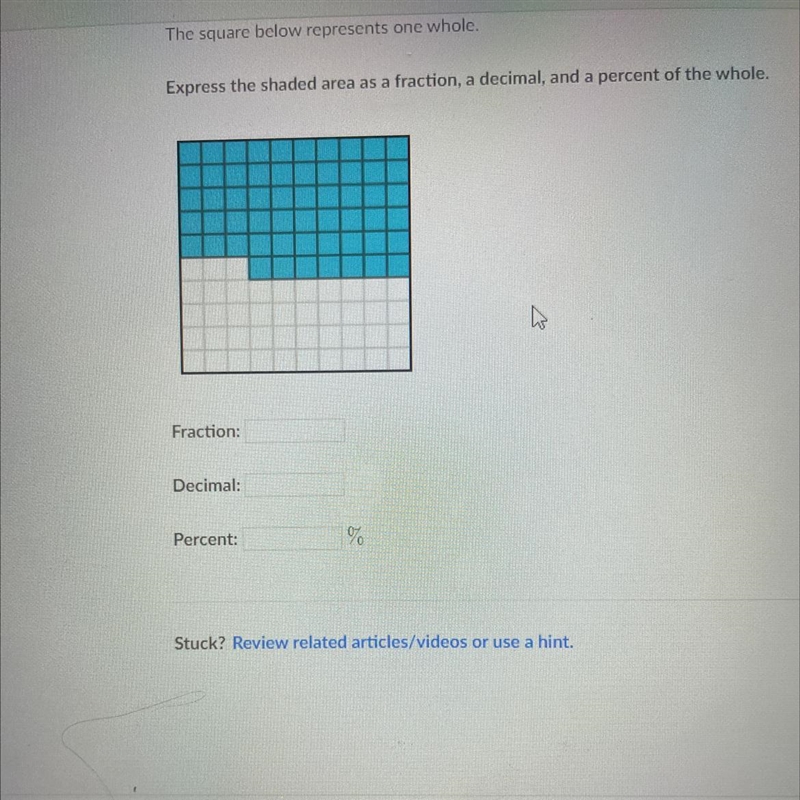 Express the shaded area as a fraction, a decimal and a percent of the whole-example-1