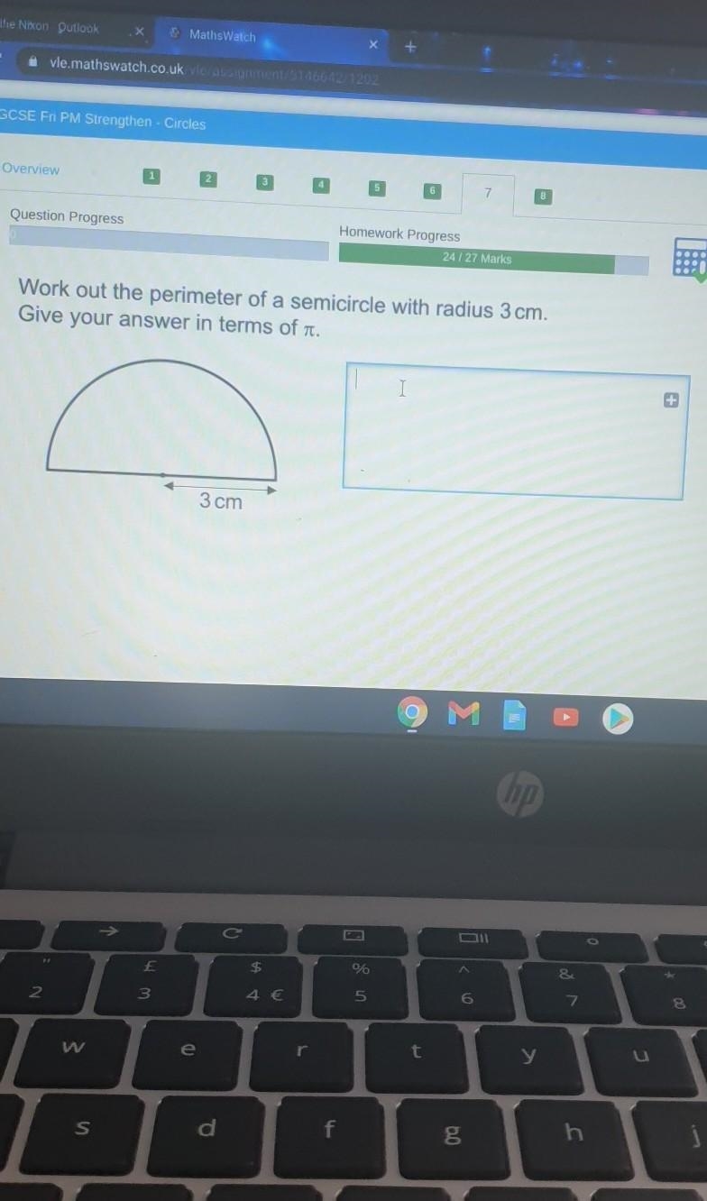 Work out the perimeter of a semicircle with radius 3cm. give your answer in terms-example-1