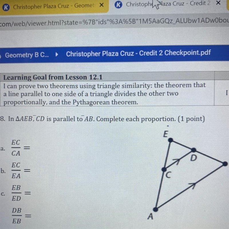 In AAEB, CD is parallel to AB. Complete each proportion.-example-1