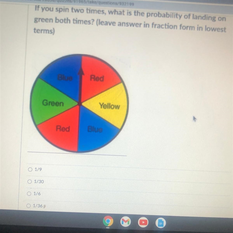 If you spin two times, what is the probability of landing on green both times? (leave-example-1