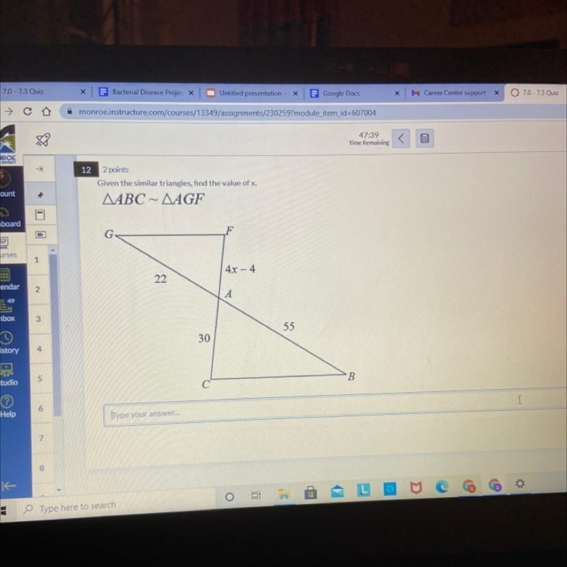 SOMEONE PLEASE HELP IM FAILING THIS CLASS Given the similar triangles, find the value-example-1