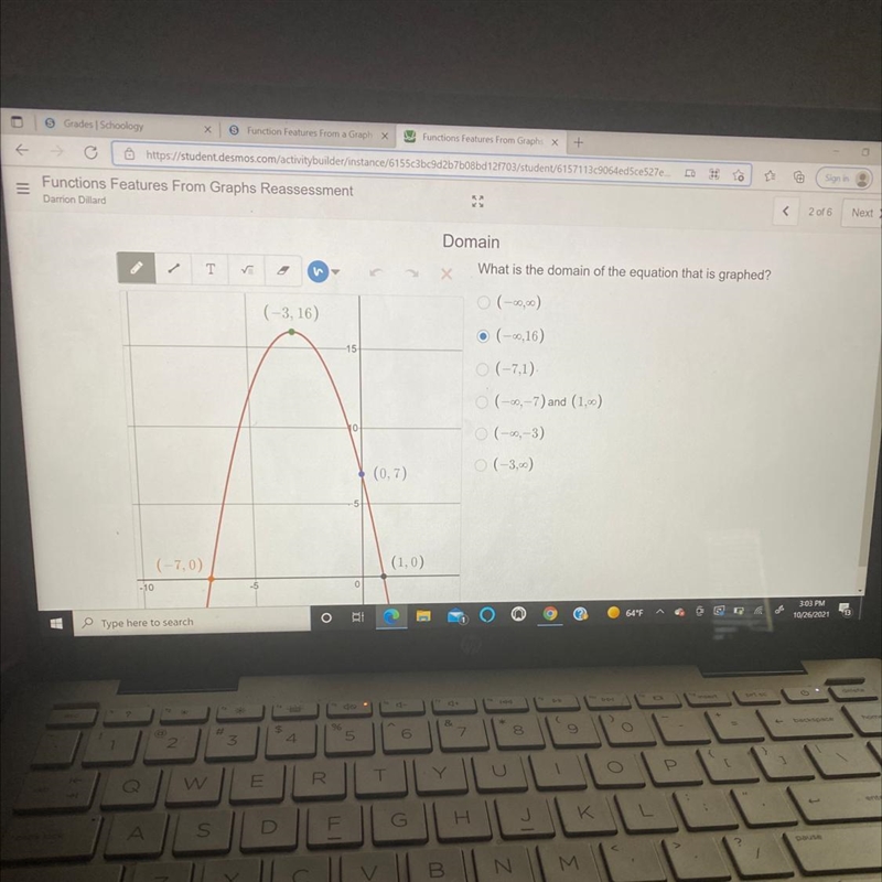 T What is the domain of the equation that is graphed? (-9,) (-3, 16) • (-0,16) 15 (-7,1) (-0,-7) and-example-1