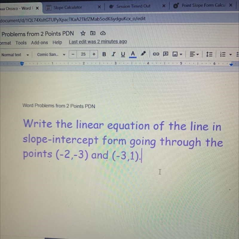 Write the linear equation of the line in slope-intercept form going through points-example-1