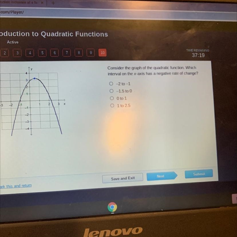 Consider the graph of the quadratic function. Which interval on the x-axis has a negative-example-1