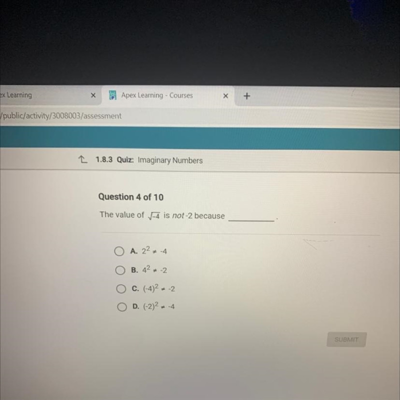 HELP PLEASE ASAP!!!!!!!!!!!!!The value of 1-4 is not-2 because A. 22+ -4 B. 42 * -2 C-example-1