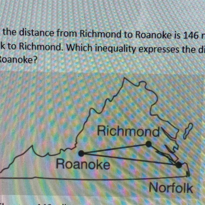 By airplane, the distance from Richmond to Roanoke is 146 miles and it's 82 miles-example-1