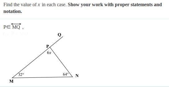 Find the value of x. Show your work with proper statements and notation-example-1