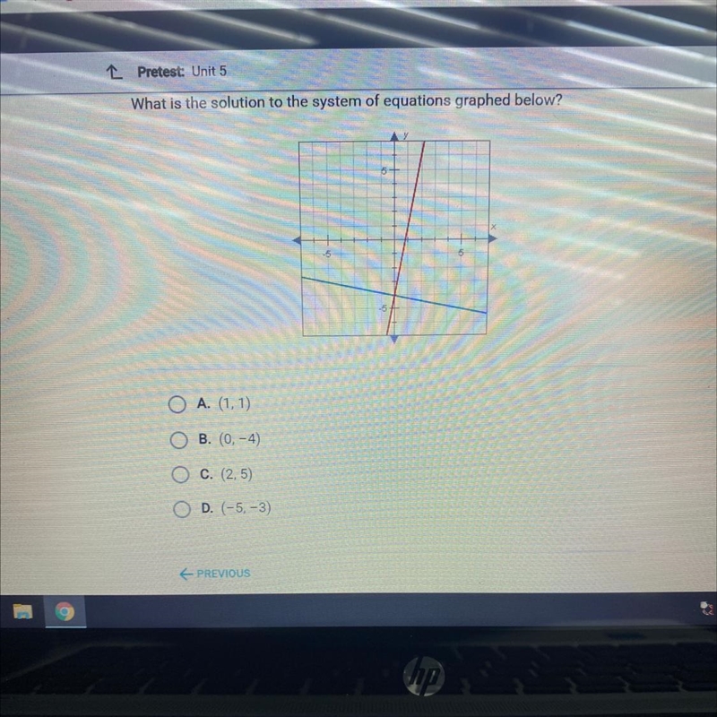 What is the solution to the system of equations graphed below? o A. (1,1) B. (0, -4) C-example-1