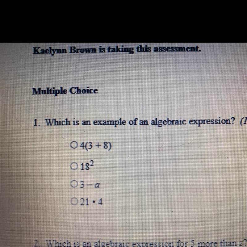 1. Which is an example of an algebraic expression?-example-1