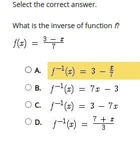 What is the inverse of function f? f(x)=3-x/7-example-1