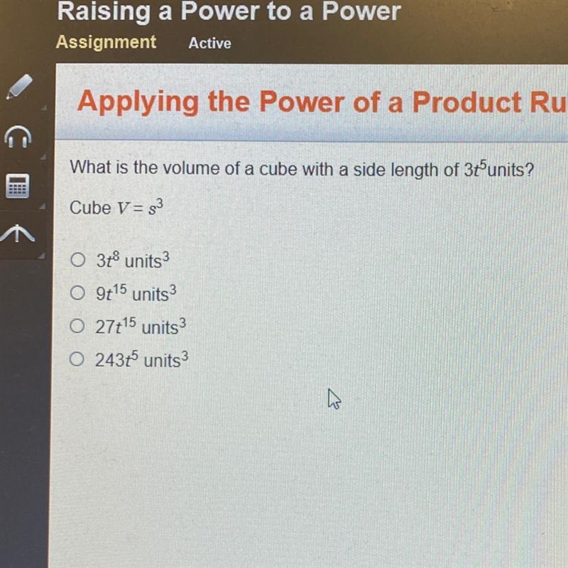 What is the volume of a cube with a side length of 3 units? Cube V = 83 O 3 units-example-1