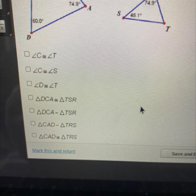 Which statements about the relationship between the two triangles below are true? Check-example-1