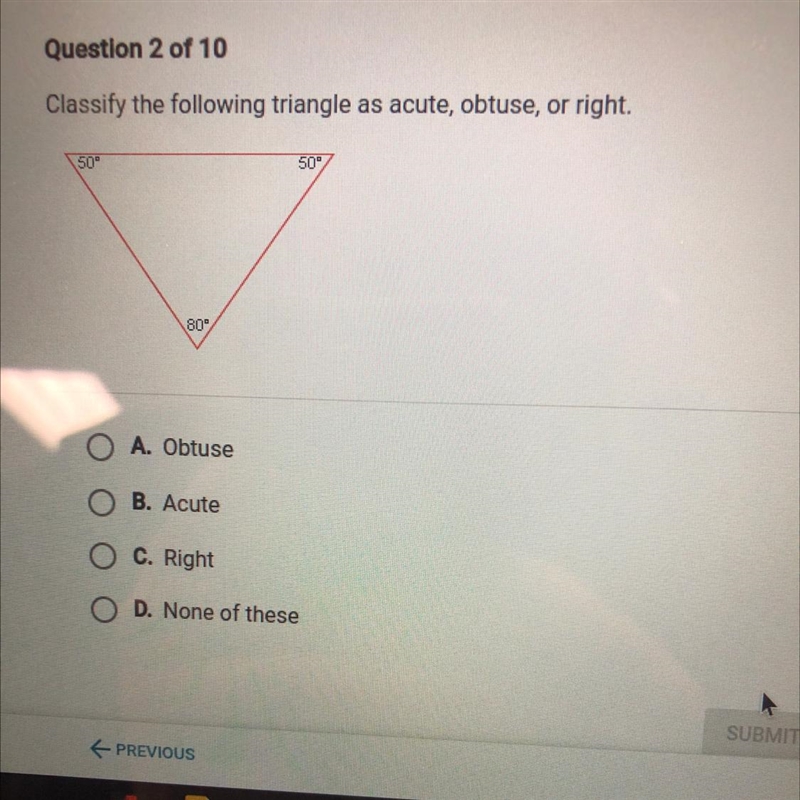 Classify the following triangle as acute, obtuse, or right.-example-1