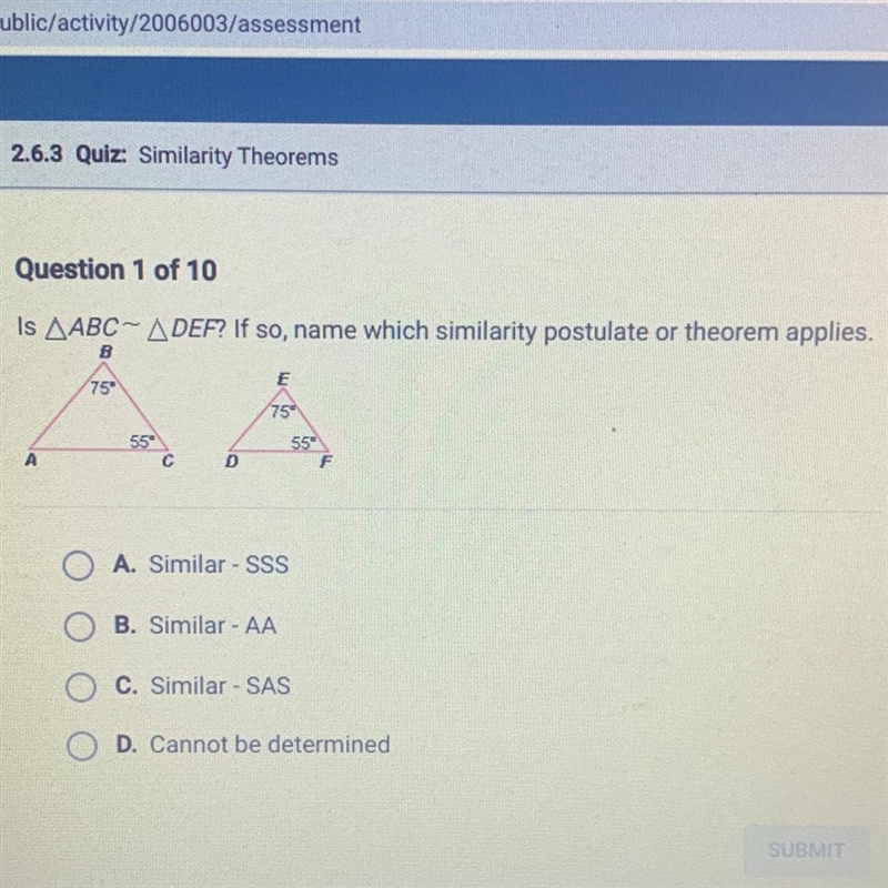 Is AABC-ADEF? If so, name which similarity postulate or theorem applies. 75 A. Similar-example-1